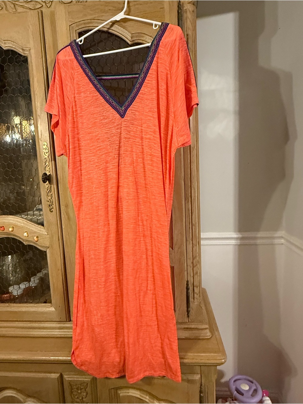 Pitusa Bright Orange V-Neck Coverup/ Dress with Embroidered Trim